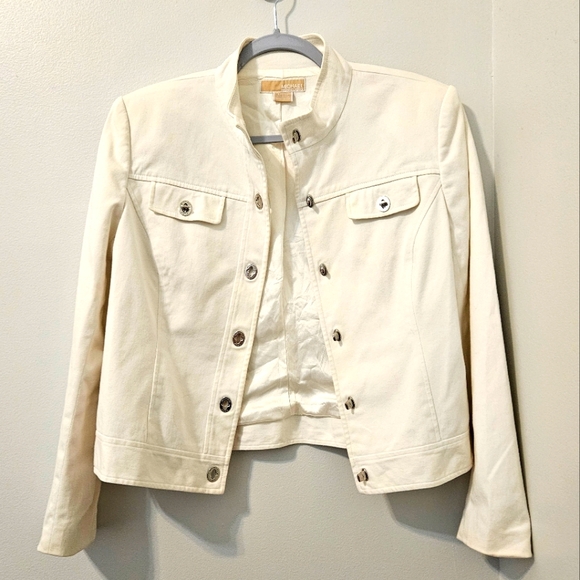 Michael Kors Womens Cropped Cotton Stretch Denim Jacket Turn Clasps White L - Picture 4 of 12